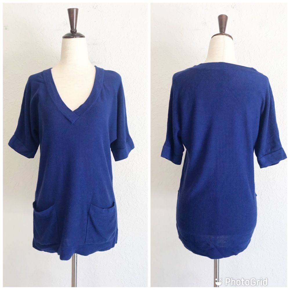 CHICOS V Neck Sweater Top Short Sleeves Pockets Cotton Royal Blue Small Size 0